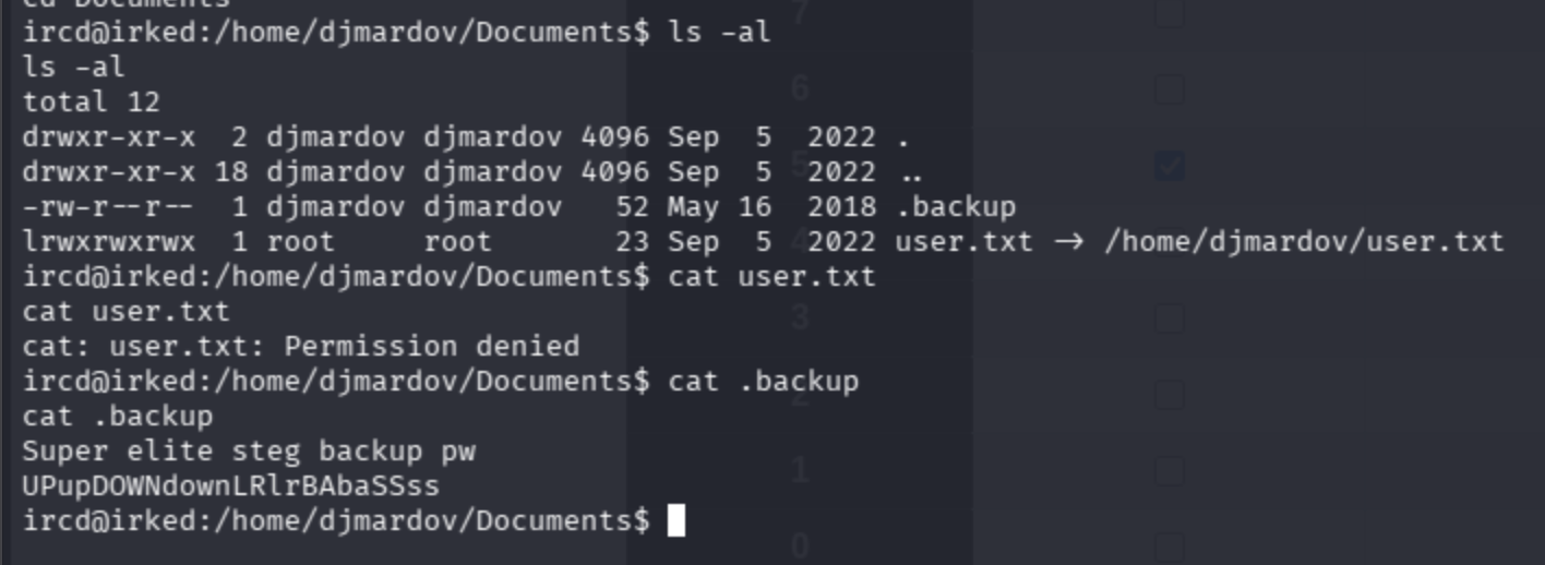 Hidden .backup file in Documents containing steganography password UPupDOWNdownLRlrBAbaSSss