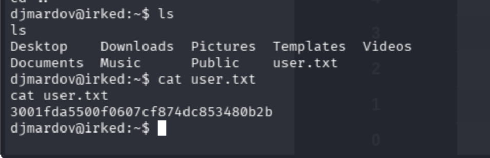 SSH session as djmardov on irked; cat user.txt reveals user flag hash