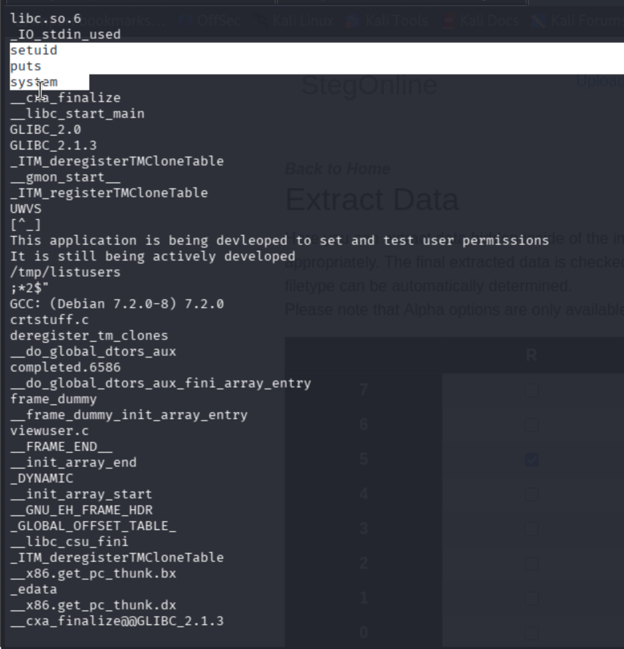 strings output of SUID binary showing setuid, puts, system imports and /tmp/listusers path reference