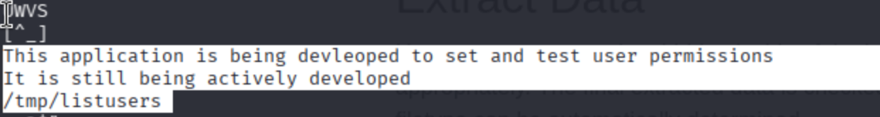 Close-up of strings output: application developed to set and test user permissions, calls /tmp/listusers