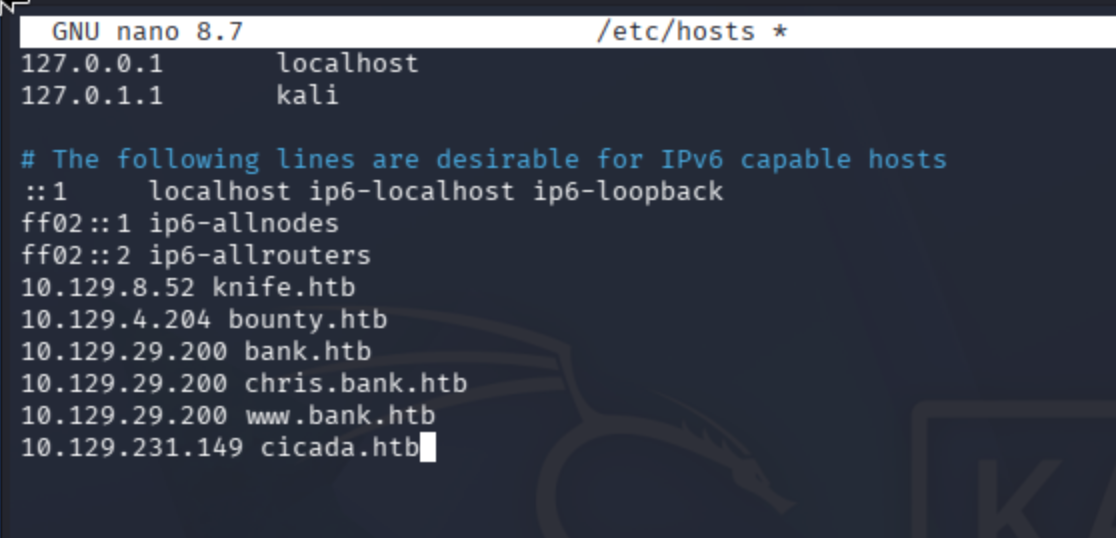 Nano editor showing /etc/hosts with cicada.htb mapped to 10.129.231.149
