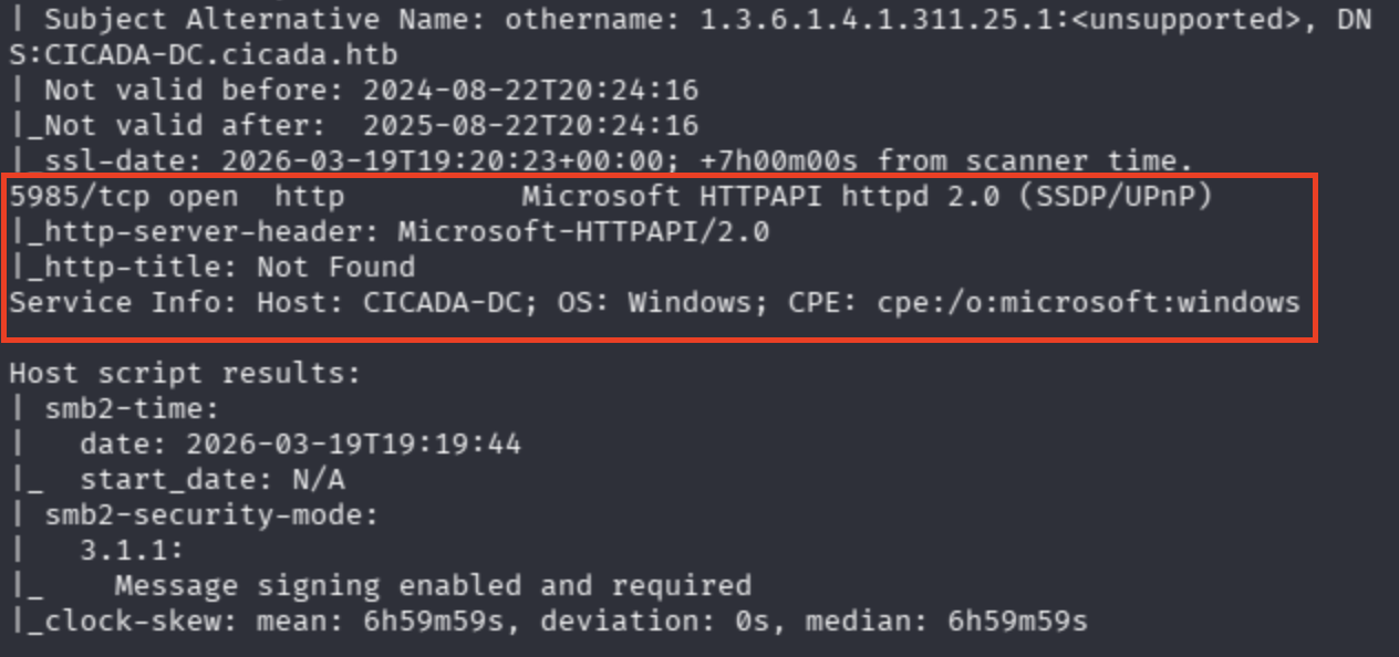 Nmap continued: WinRM 5985 on Microsoft HTTPAPI, SMB2 signing enabled and required, 7-hour clock skew