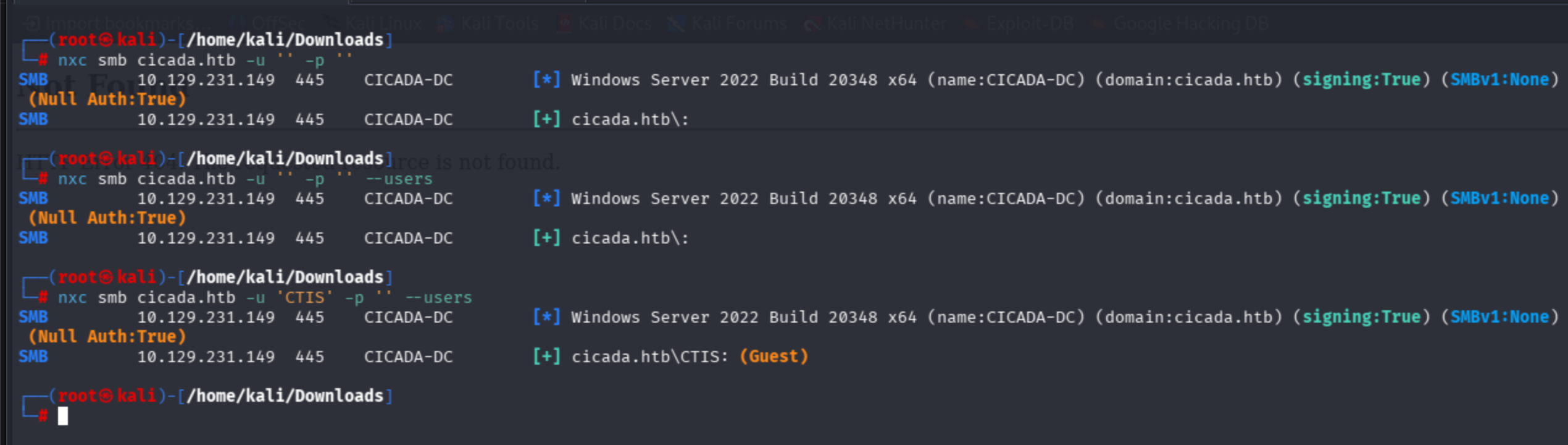 NetExec SMB: null auth succeeds, null --users fails, CTIS username gets Guest-level access