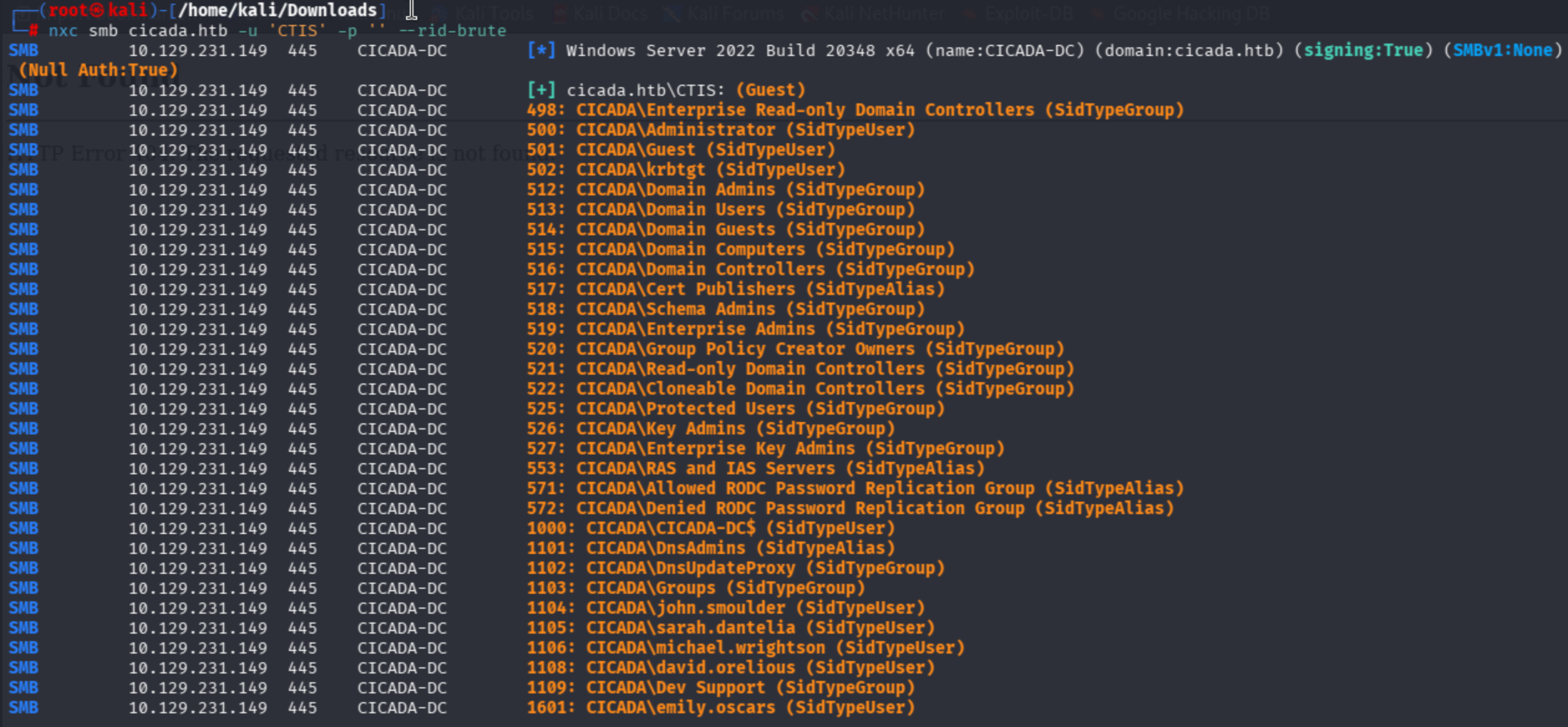 NetExec RID brute force enumerating domain users: Administrator, Guest, krbtgt, john.smoulder, sarah.dantelia, michael.wrightson, david.orelious, emily.oscars