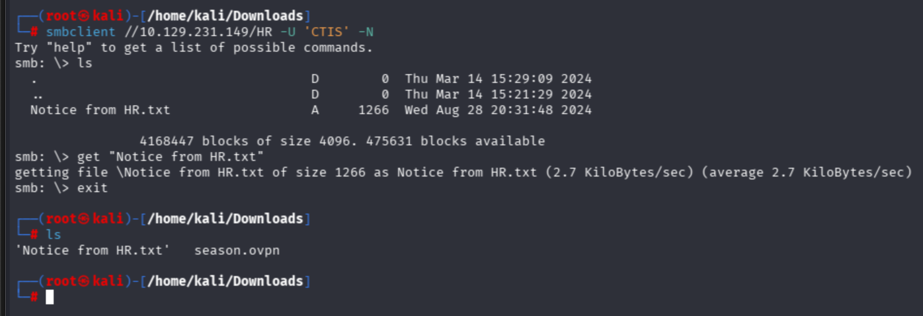 smbclient HR share as CTIS user: Notice from HR.txt found and downloaded (1266 bytes)
