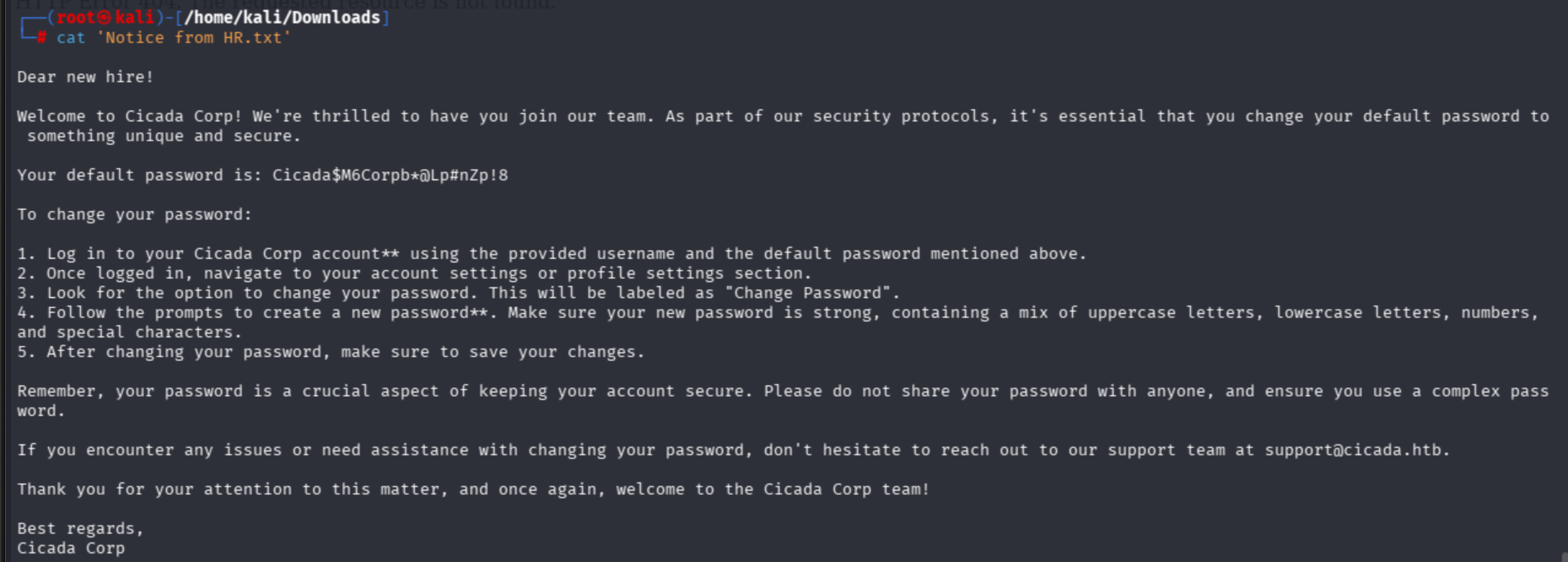 HR notice content: welcome letter revealing default password Cicada$M6Corpb*@Lp#nZp!8 for new hires