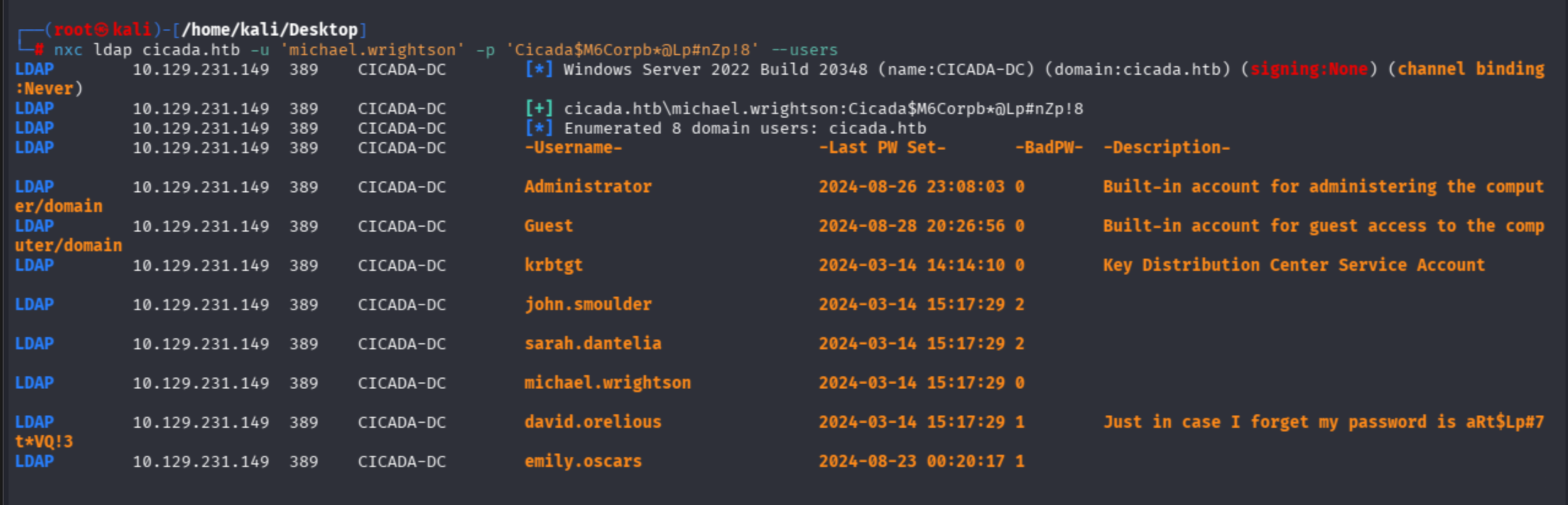 NetExec LDAP user enumeration as michael.wrightson: david.orelious description leaks password aRt$Lp#7t*VQ!3