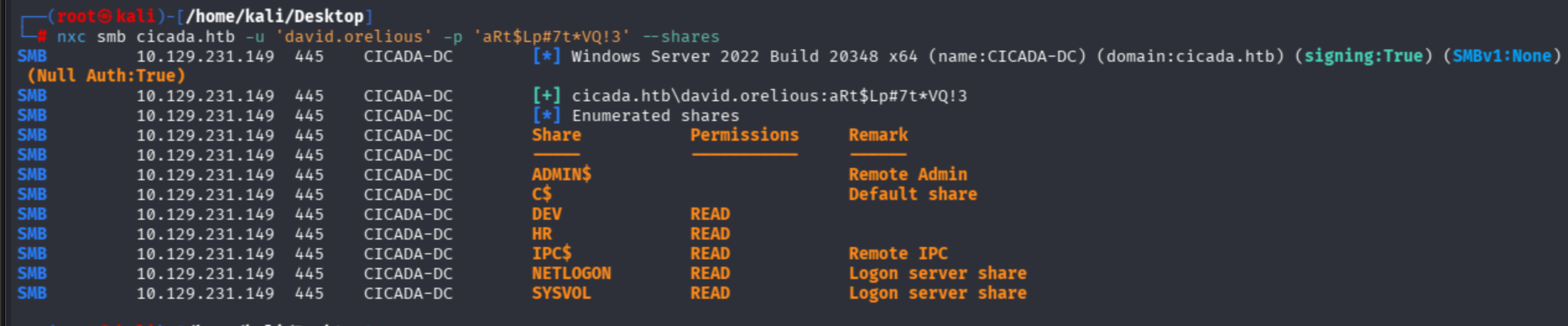 NetExec SMB shares as david.orelious: DEV share now readable along with HR, IPC$, NETLOGON, SYSVOL