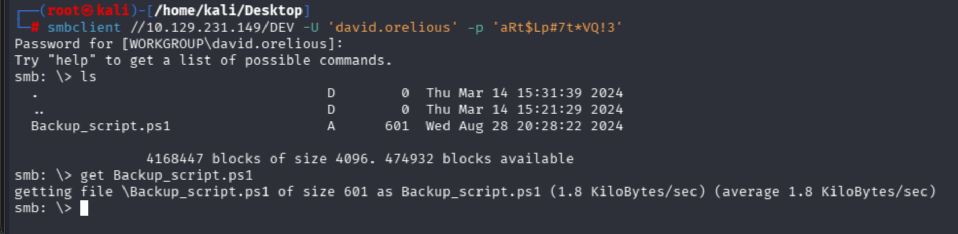 smbclient DEV share as david.orelious: Backup_script.ps1 found and downloaded (601 bytes)