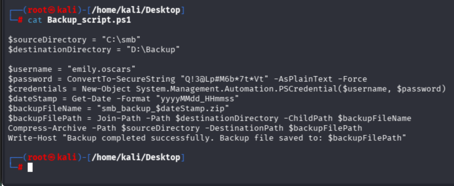 Backup_script.ps1 content: PowerShell script containing emily.oscars credentials with password Q!3@Lp#M6b*7t*Vt