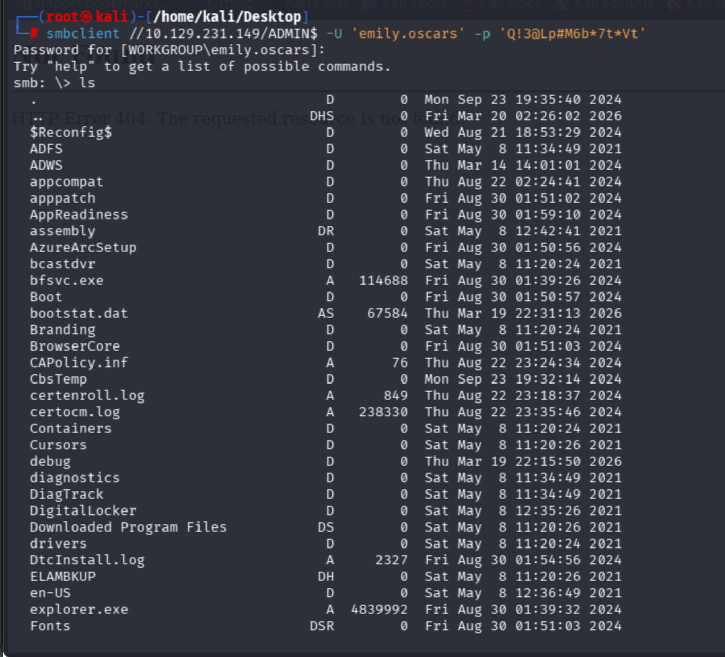 smbclient browsing ADMIN$ share as emily.oscars: full C:\Windows directory listing