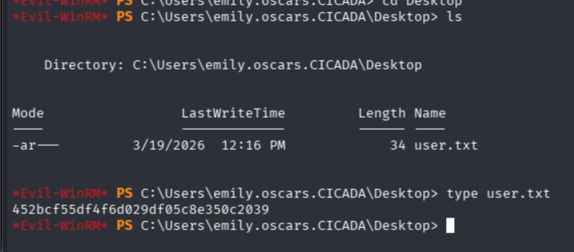 Evil-WinRM shell as emily.oscars: user.txt on Desktop reveals user flag hash