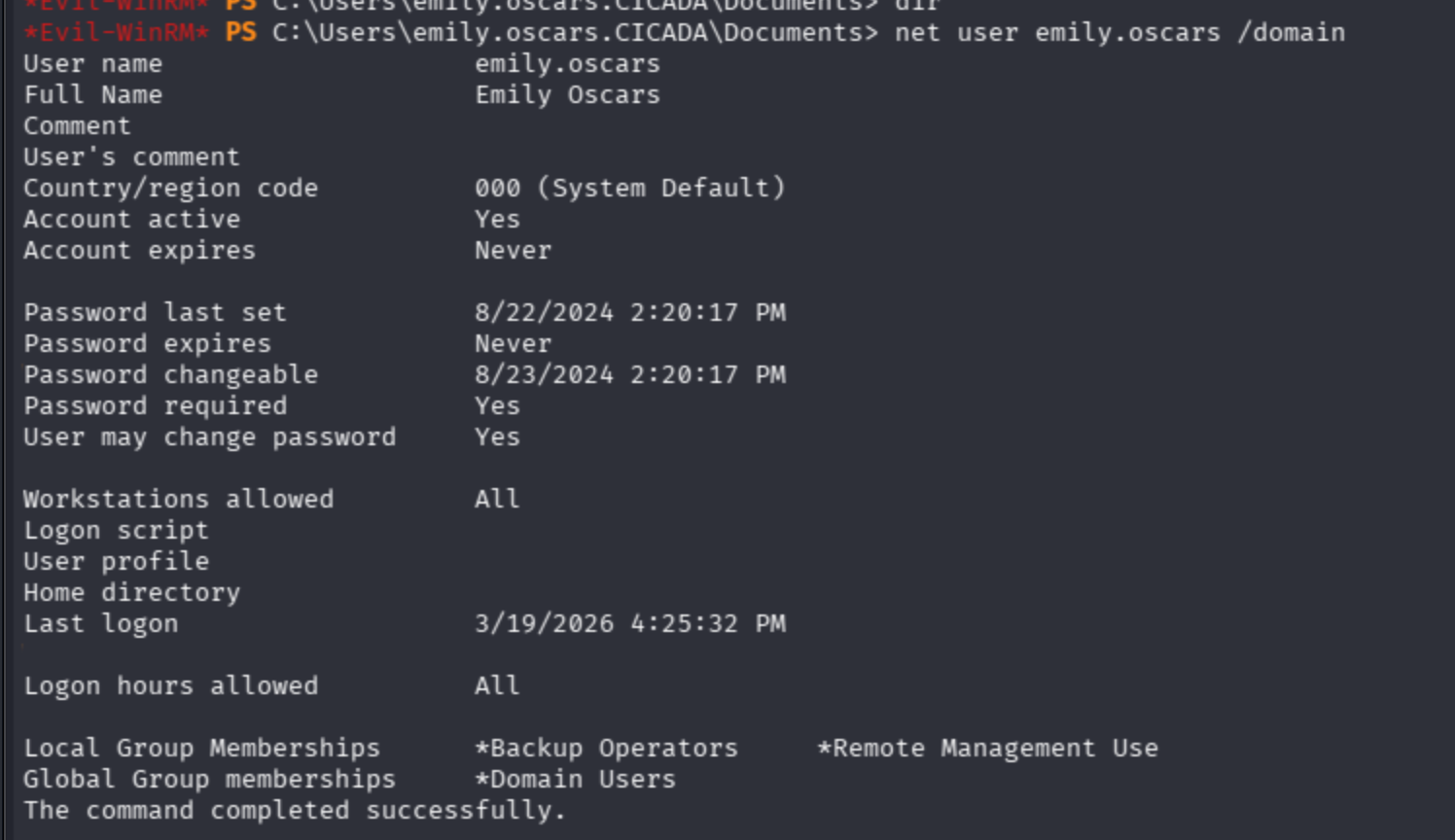 net user emily.oscars /domain: member of Backup Operators and Remote Management Users groups