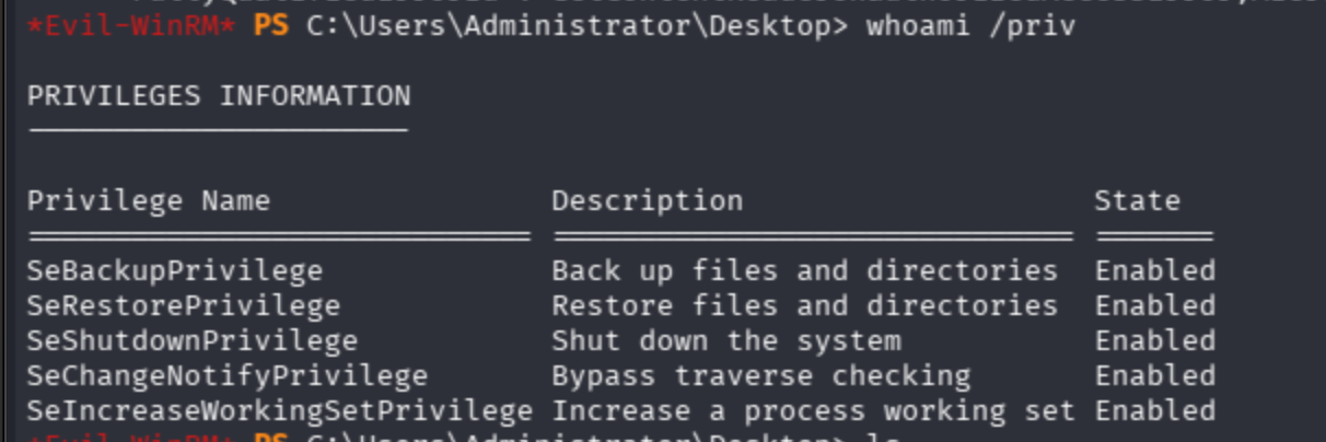 whoami /priv output: SeBackupPrivilege and SeRestorePrivilege both enabled