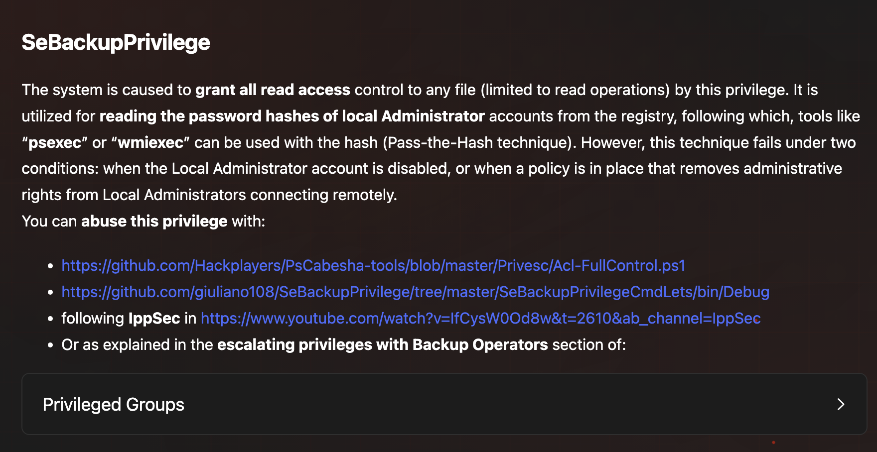 HackTricks SeBackupPrivilege documentation: reading admin password hashes from registry for Pass-the-Hash