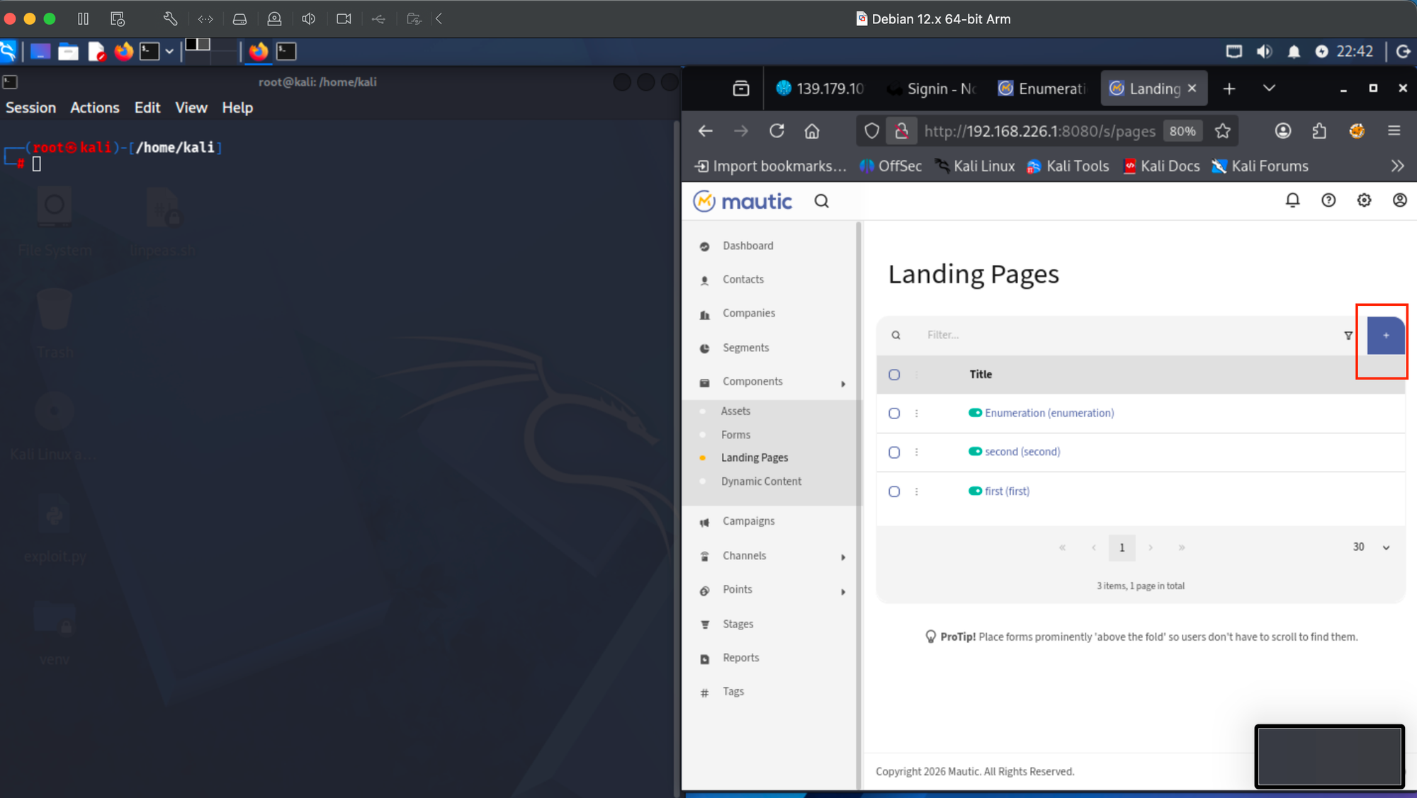Kali terminal running penelope -p 1111 listener alongside Mautic admin Landing Page, preparing to trigger reverse shell.