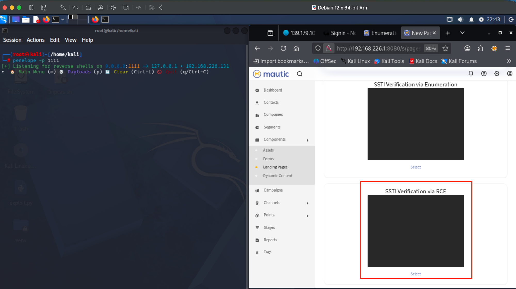 Mautic theme selector showing SSTI Verification via Enumeration and RCE thumbnails, with Kali listener waiting.