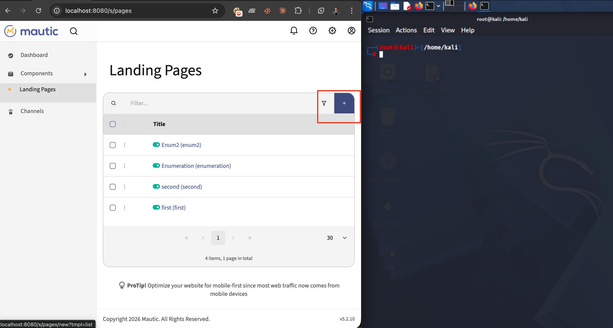 Penelope listener ready, Mautic Landing Pages list visible with admin navigation, second reverse shell attempt.