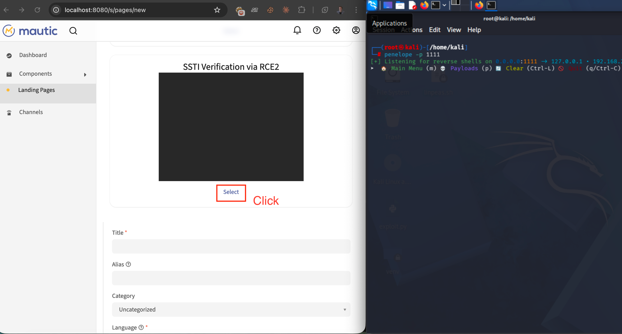 Mautic New Page creation with SSTI Verification via RCE2 theme, Select button annotated with red Click label.