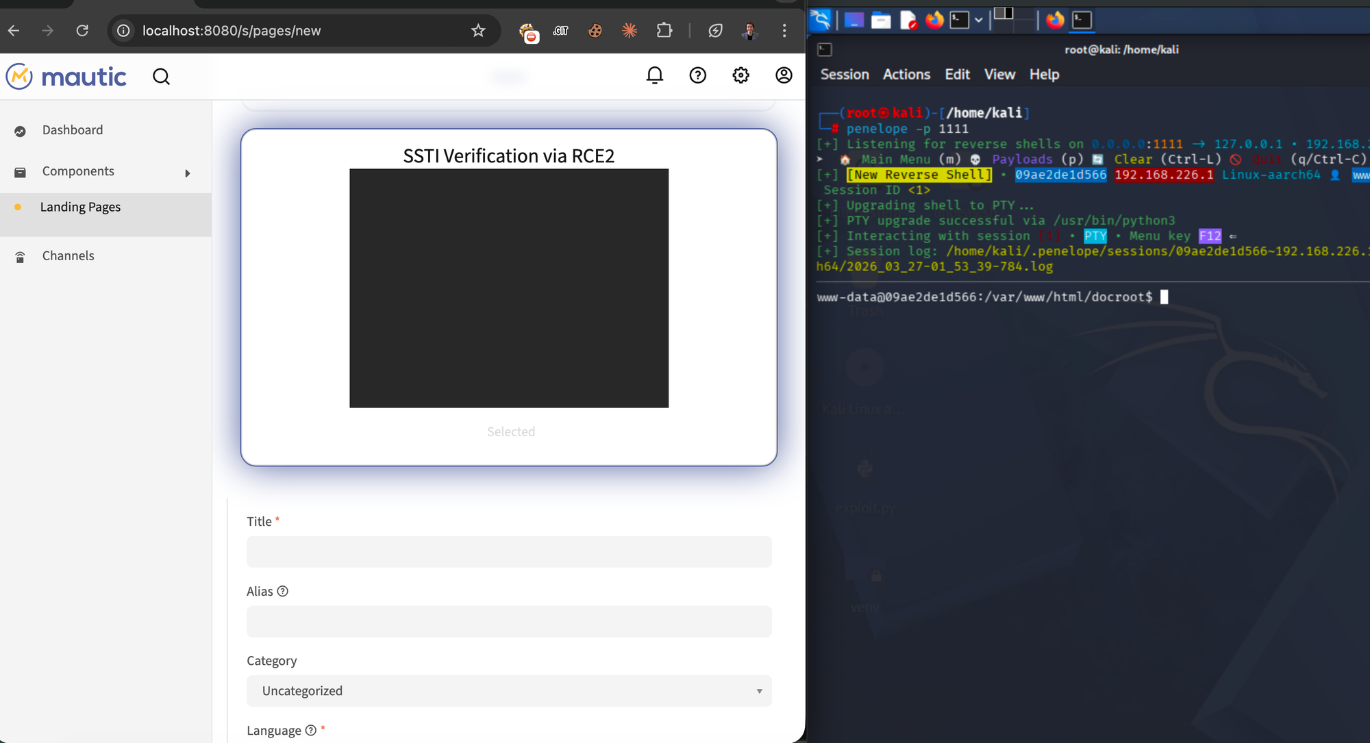 Penelope listener showing www-data shell established, Mautic New Page creation visible in background.