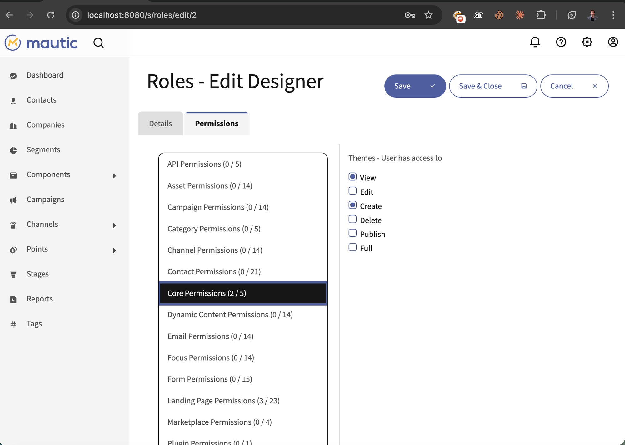 Mautic role permissions page for Designer role showing only View and Create for Themes, all other core permissions denied.