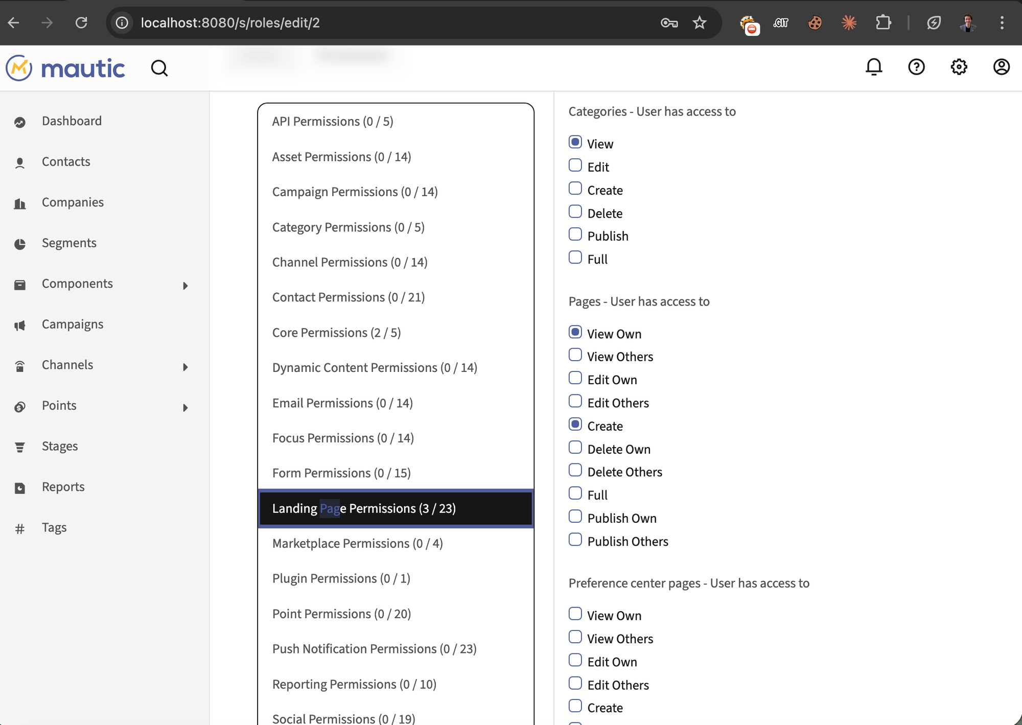 Mautic role permissions page for Designer role showing only View Own and Create for Pages, View for Categories.