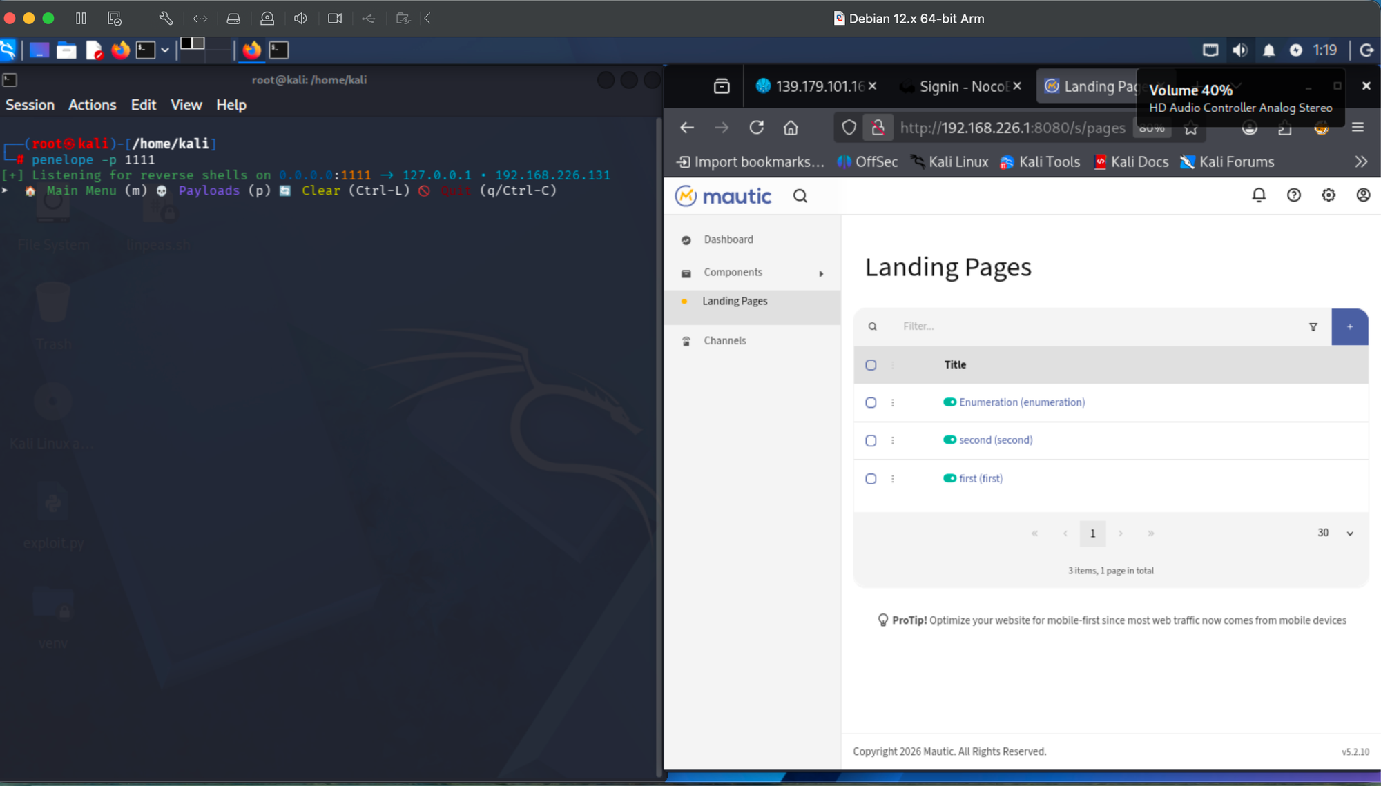 Mautic interface with Designer clicking New to create a landing page, limited navigation, Penelope listener ready.