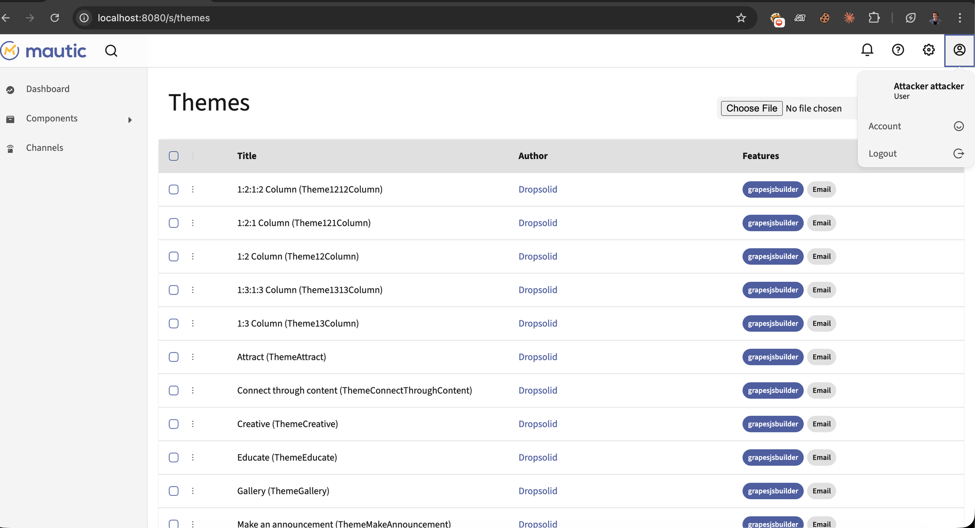 Mautic Themes page at /s/themes showing uploaded SSTI themes in the theme list.