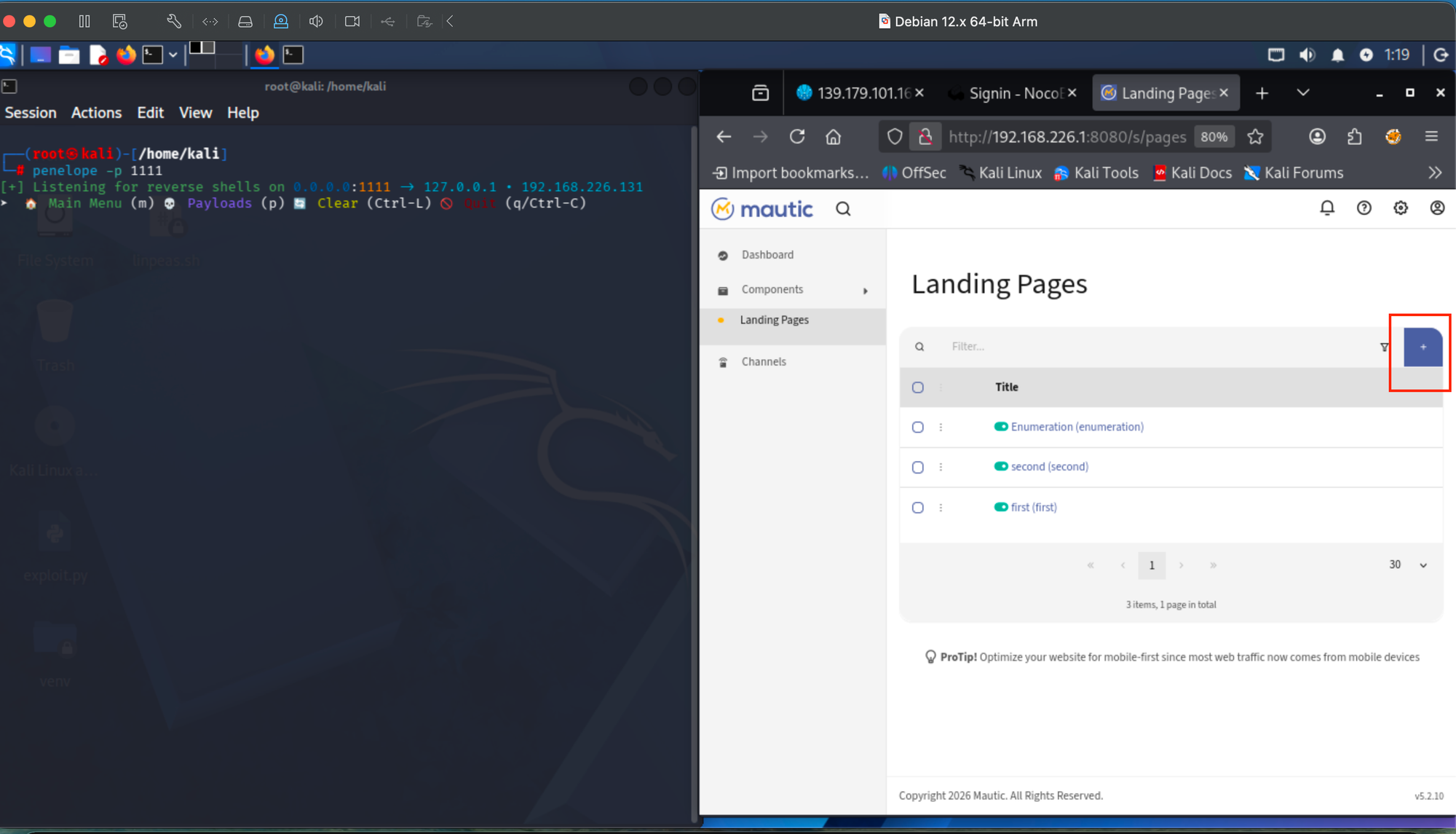 Mautic New Page creation with SSTI Verification via RCE theme selected, Penelope listener waiting.