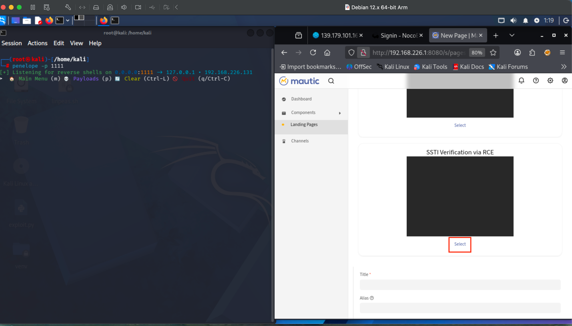 Mautic New Page creation with SSTI theme visible in theme selector, Penelope listener waiting for reverse shell.
