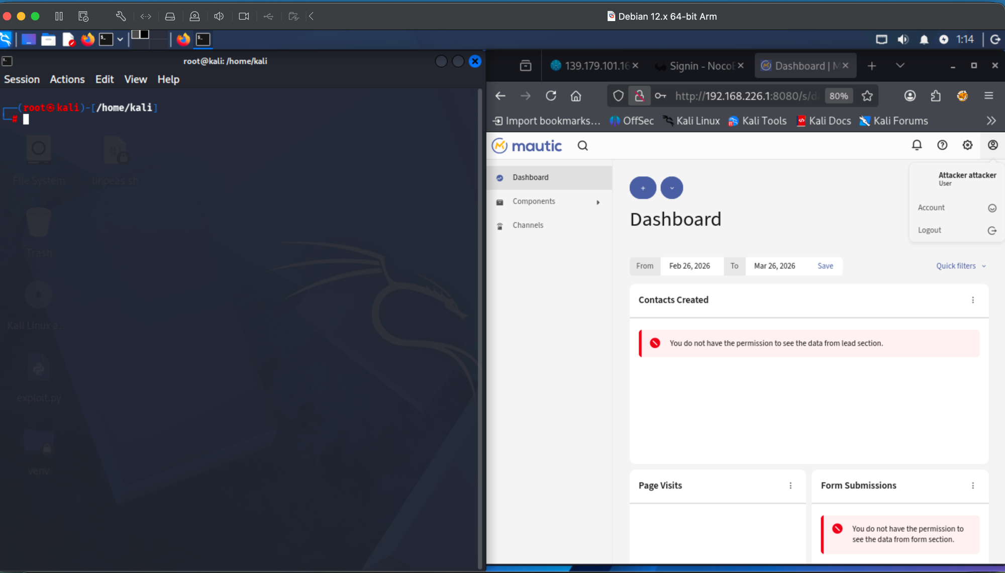Mautic dashboard showing Attacker attacker user with permission denied errors on widgets.