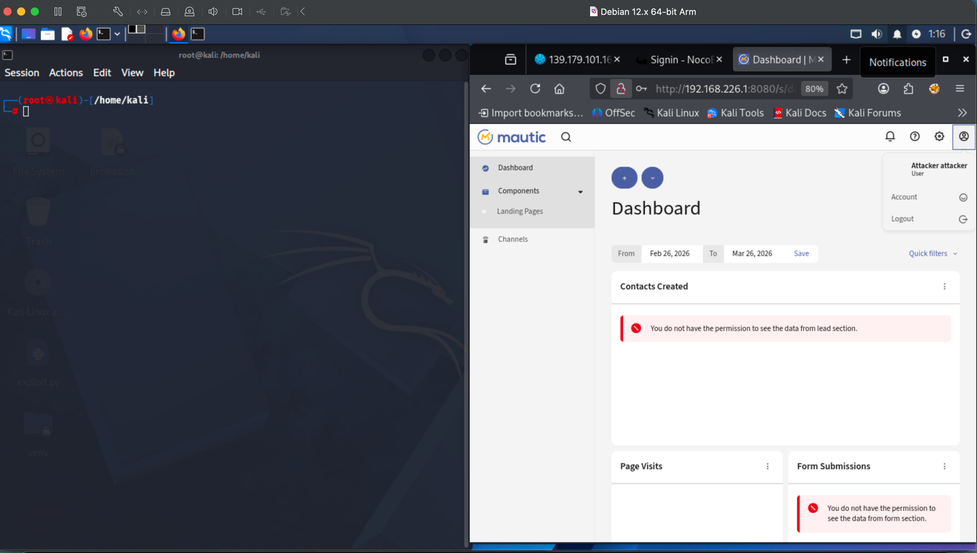 Mautic sidebar showing limited menu (Dashboard, Components > Landing Pages, Channels) with permission denied errors.