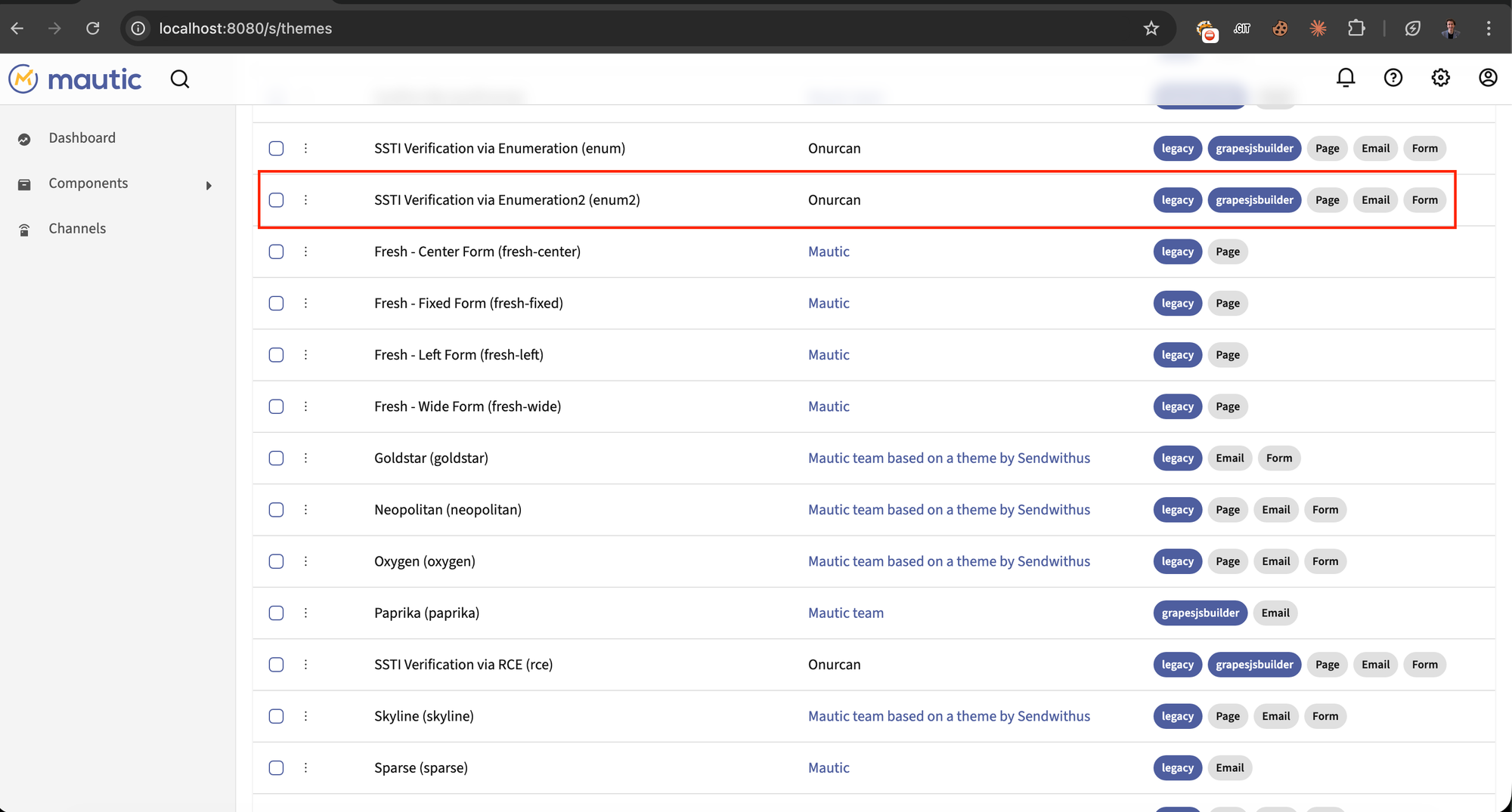 Mautic Themes page showing both SSTI and reverse shell themes uploaded.