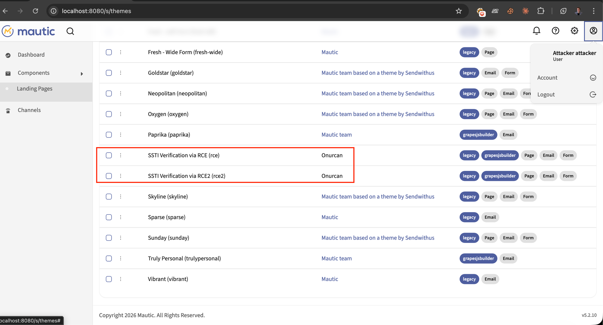 Mautic Themes page with uploaded themes visible, preparing to create a landing page.