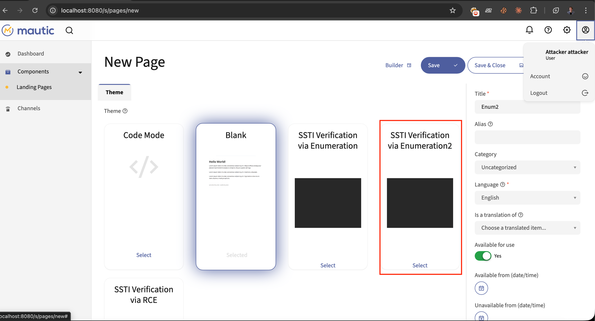 Mautic New Page creation screen with theme selector showing available themes.