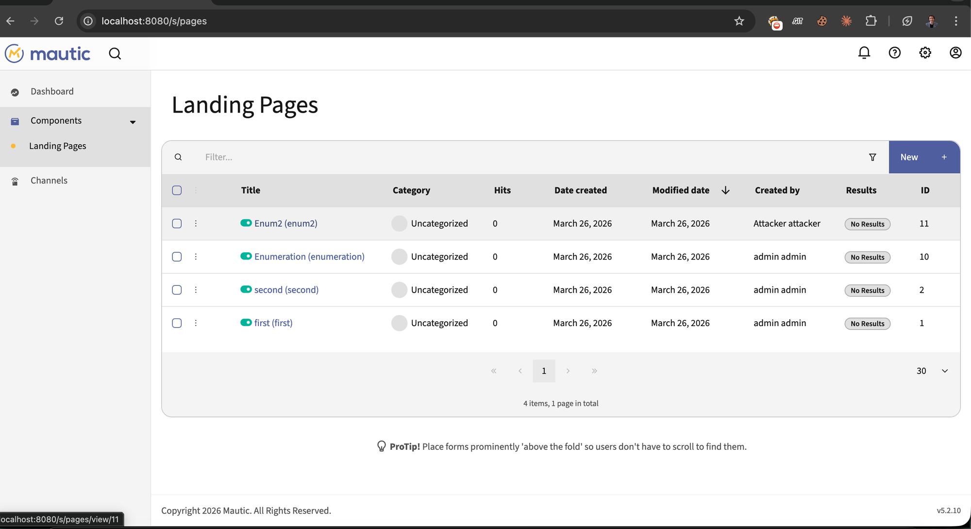 Mautic New Page creation with theme selector, highlighting the malicious theme selection.
