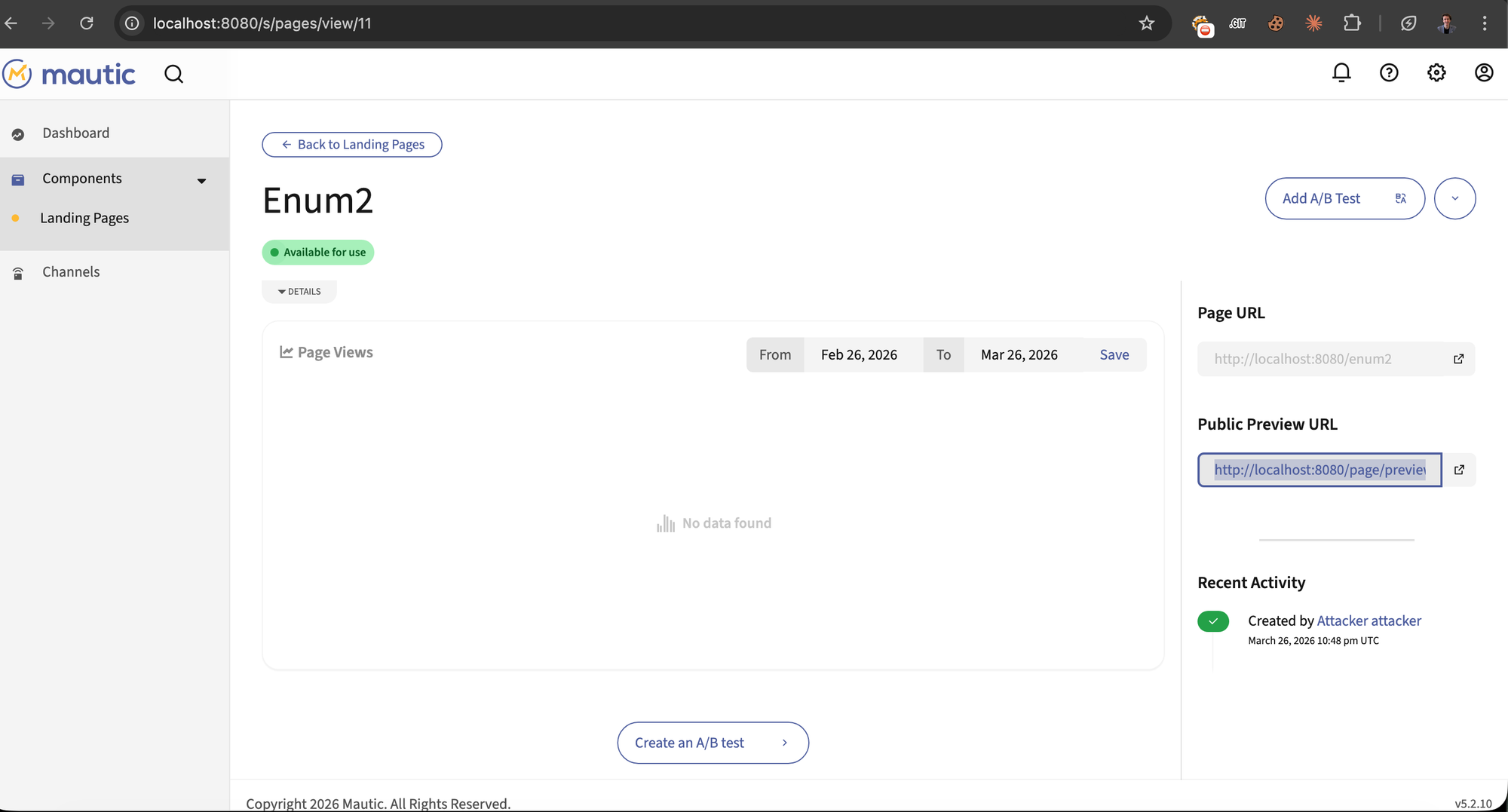 Mautic Landing Pages list at /s/pages with the new page created.