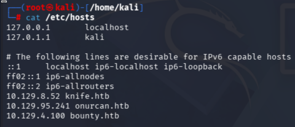 /etc/hosts entry mapping the Bounty target IP to its hostname