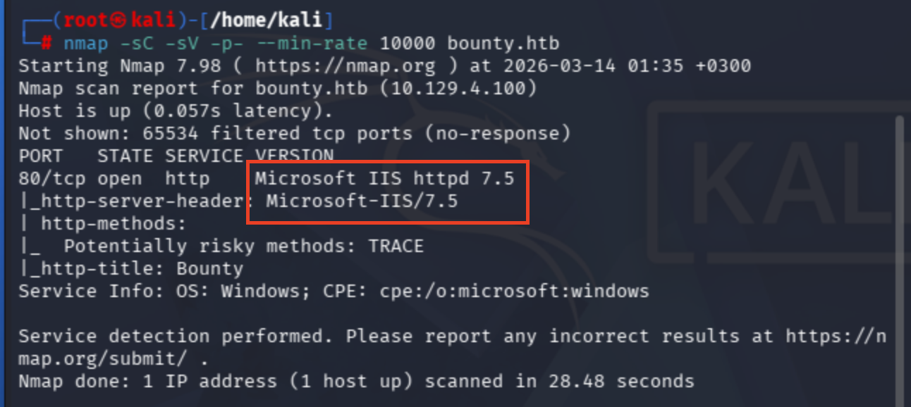 Web server discovery output revealing the Bounty server type